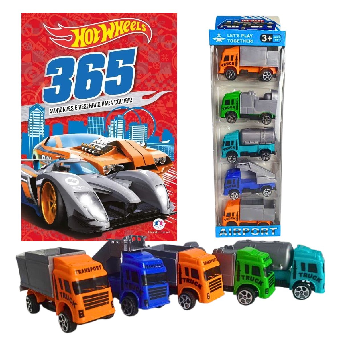 Kit Livro Hot Wheels - 365 Atividades E Desenhos Para Colorir + Kit Mini Caminhões De Construção Aeroporto