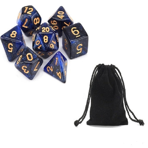 Conjunto de Dados para Rpg Nebula Glitter Azul com Preto com N° Dourado