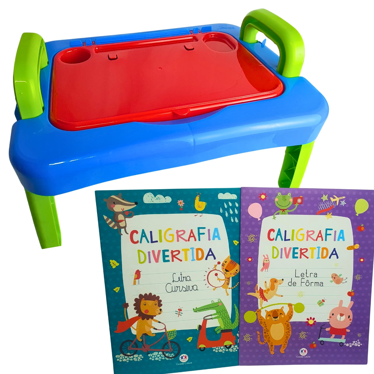 Kit Mesa para Desenho Infantil Azul com Vermelho + Livros Para Praticar a Caligrafia